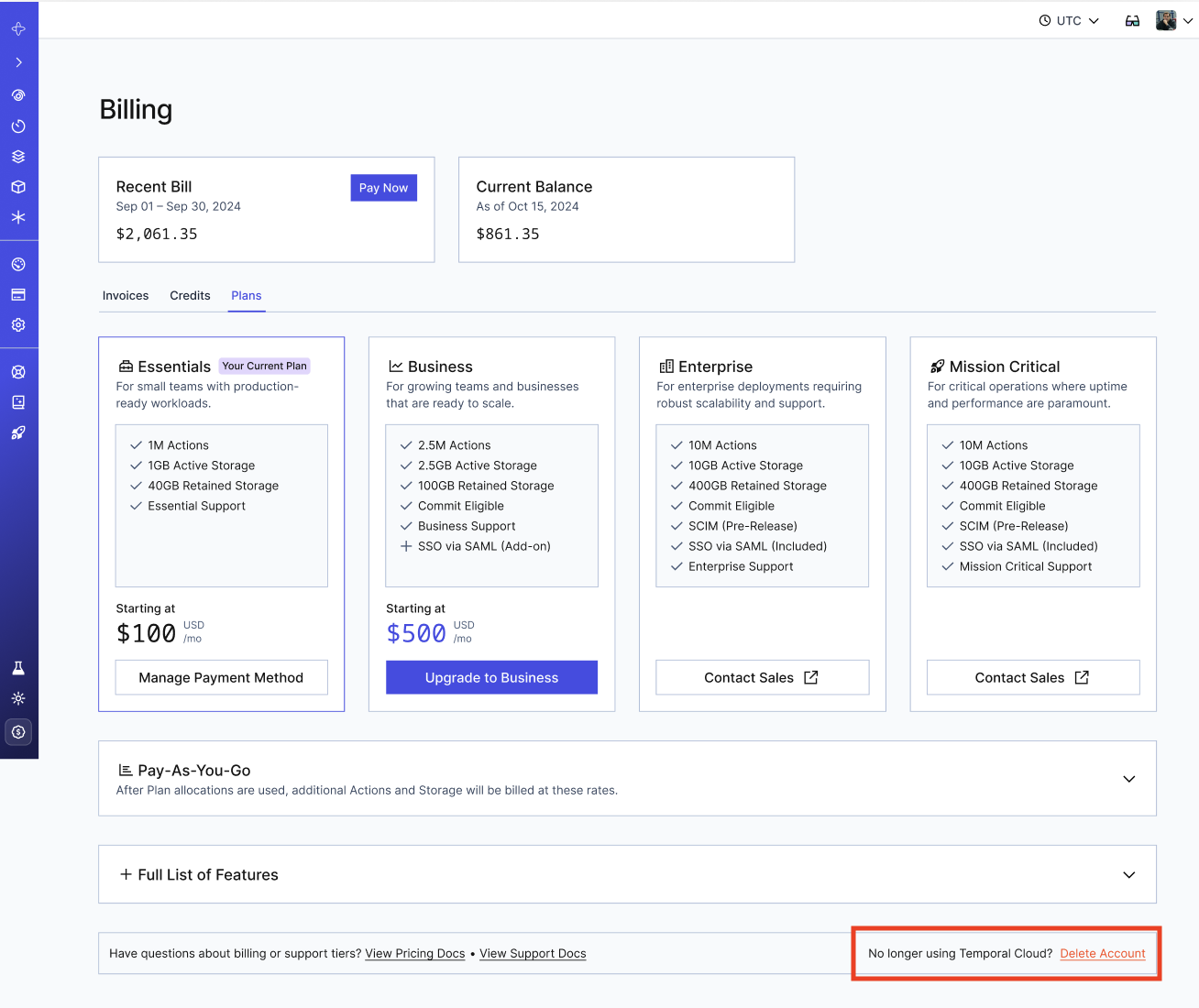 Billing page showing the Plan tab. The contents on the tab include &quot;Manage Payment Method&quot; and &quot;Delete Account&quot; buttons. The &quot;Delete Account&quot; button is placed below text asking &quot;No longer using Temporal Cloud?&quot;